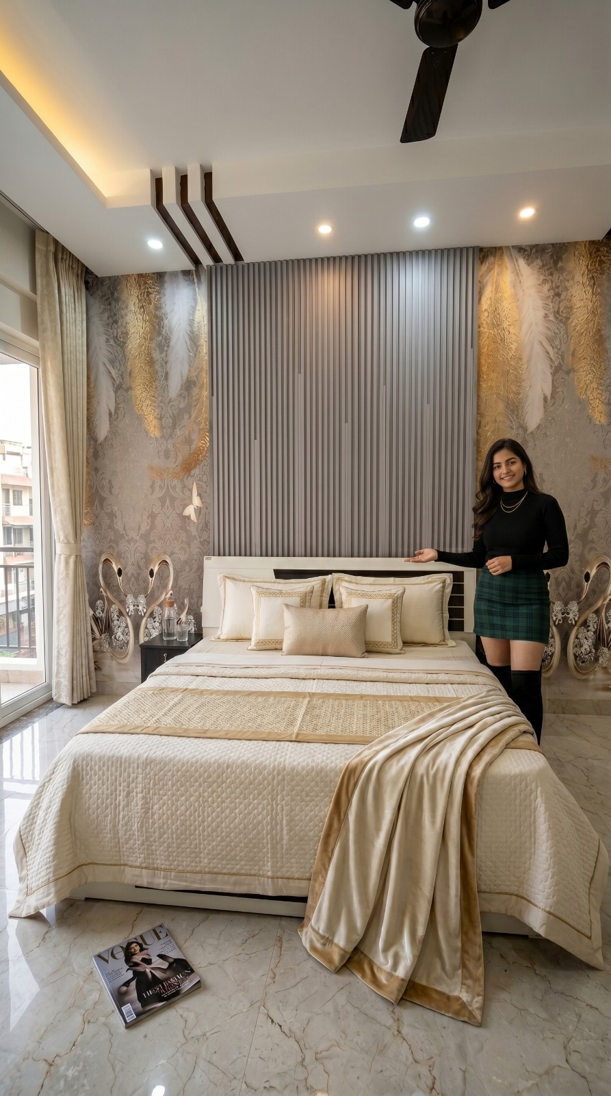 Inaaya Royal Heights — master bedroom with fluted wall and premium bedding